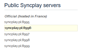 Syncplay public servers (the highlighted one is the least-used one, so pick that one!)