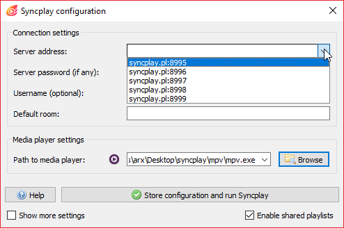 Syncplay public servers on the configuration screen