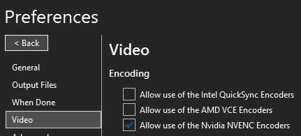 Hardware encoding options