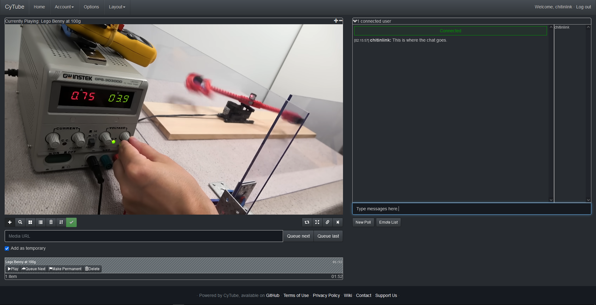 Screenshot of CyTube with a Youtube video