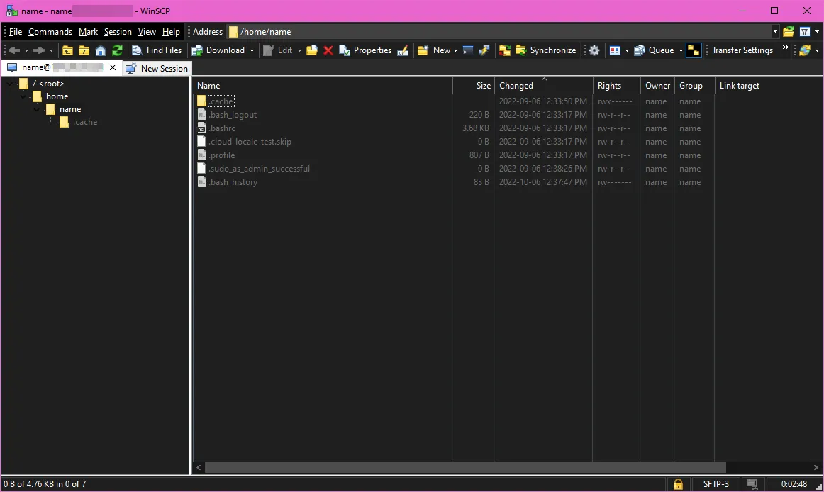 Linux home folder in WinSCP