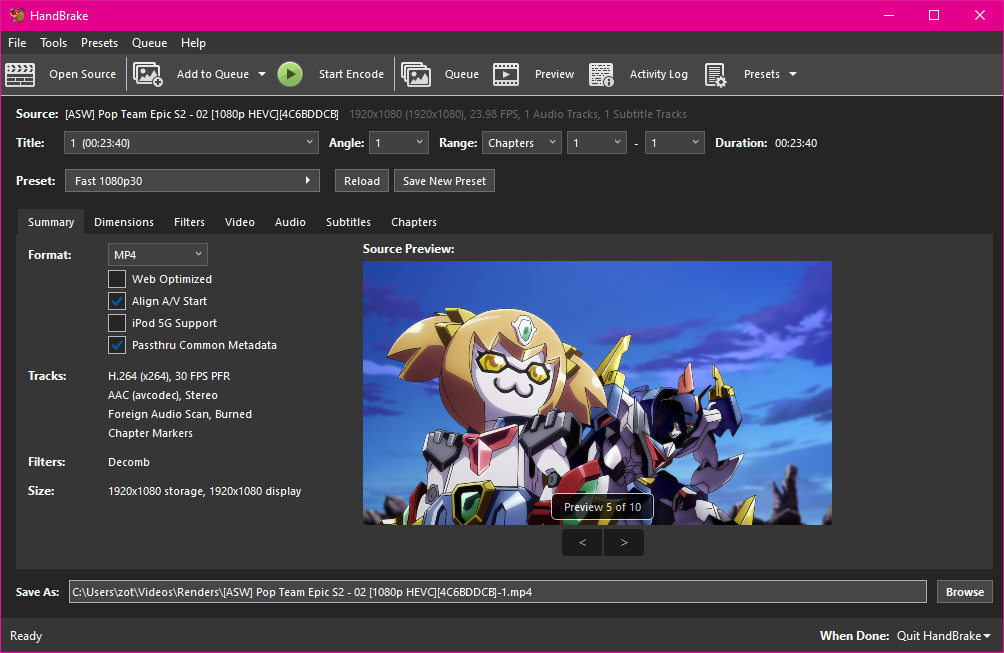 Handbrake window after dragging in a file
