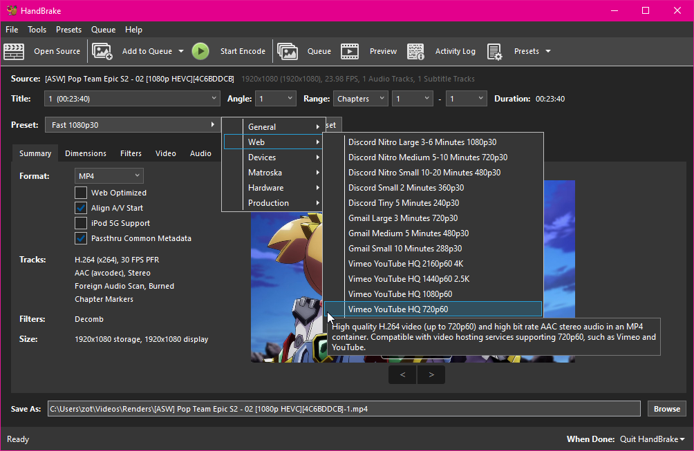 Selecting the "Vimeo YouTube HQ 720p60" preset