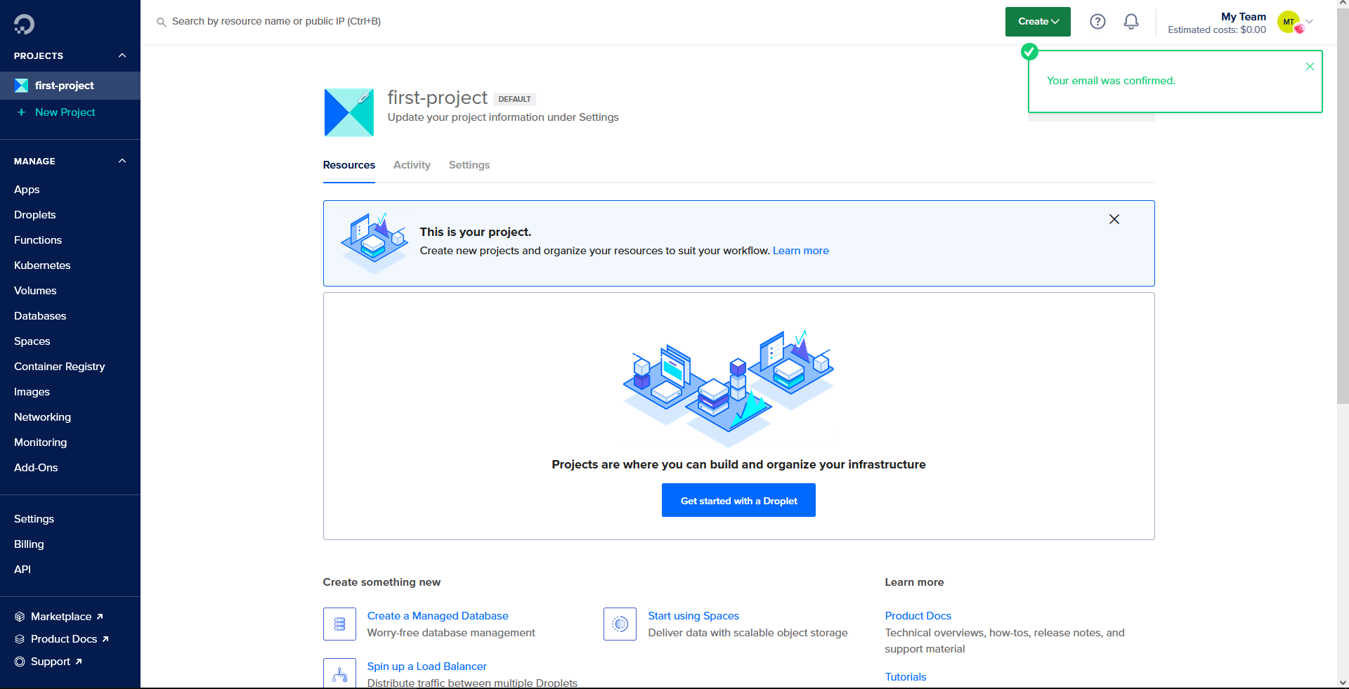 DigitalOcean control panel