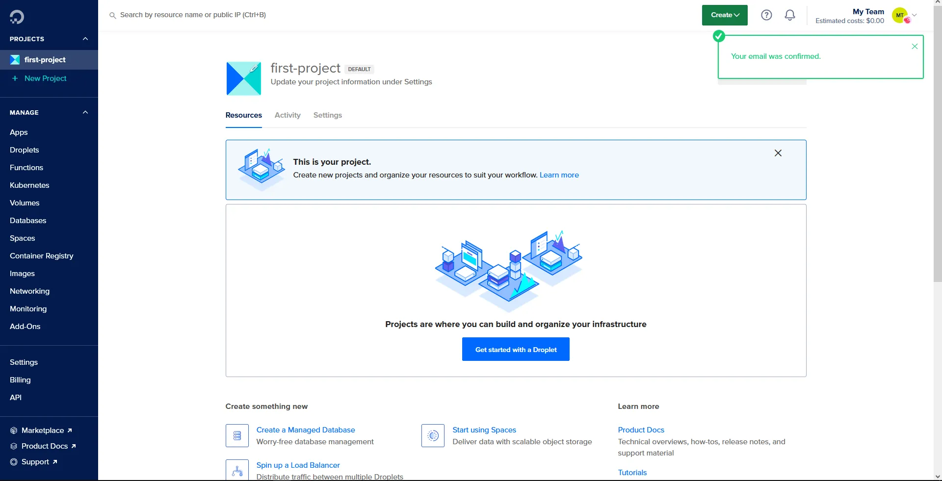 DigitalOcean control panel
