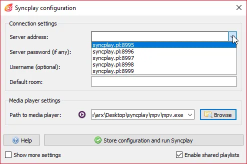 Syncplay public servers on the configuration screen
