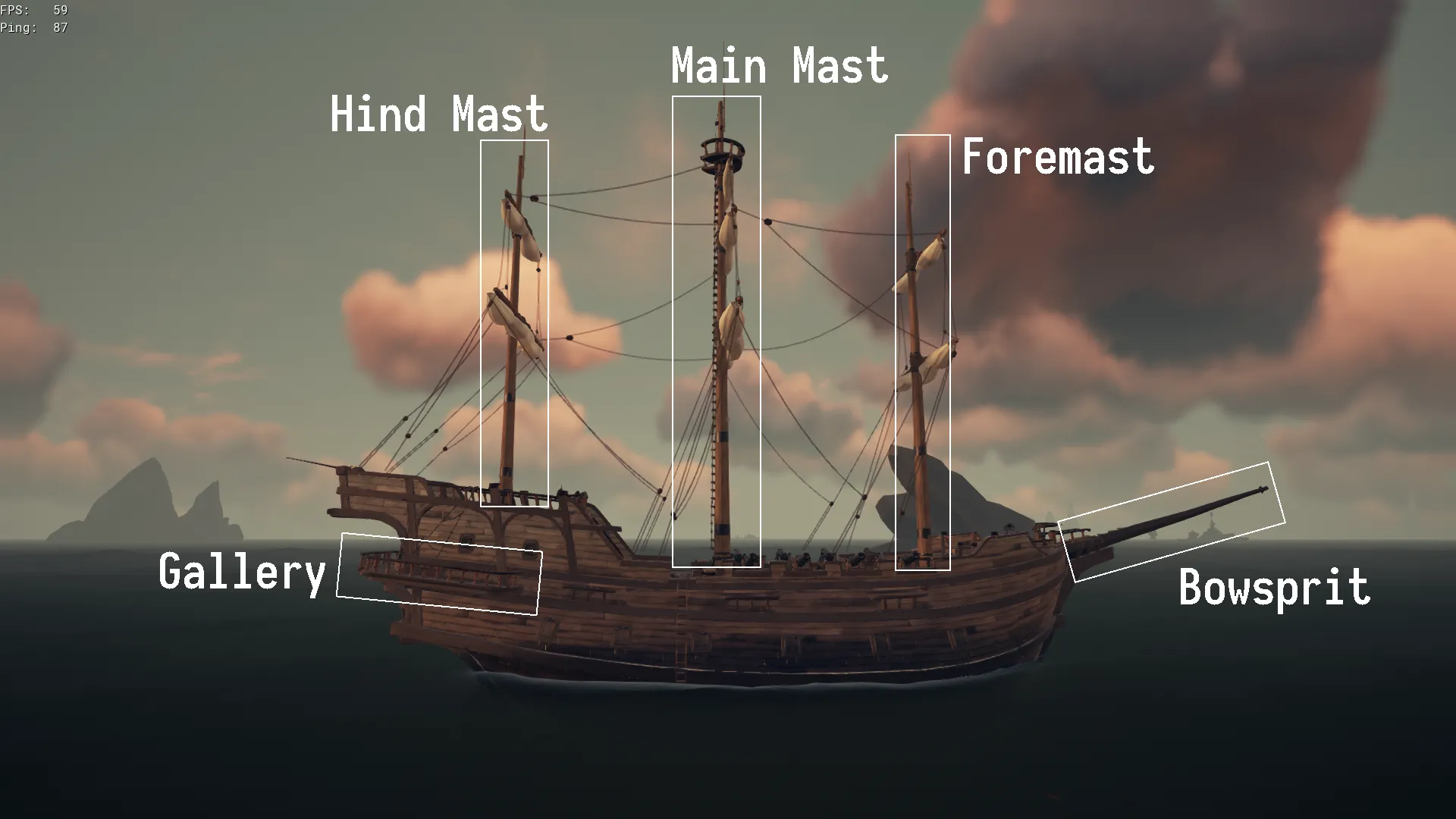 Side view of a Galleon. Highlighted are the Hind, Main, and Foremasts, as well as the Gallery and the Bowsprit.