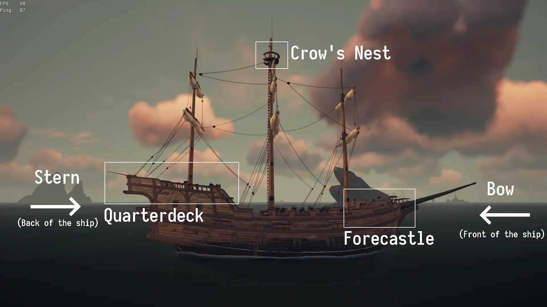 Side view of a Galleon. Highlighted are the Crow's Nest atop the Main Mast, The Bow (front) and Stern (back) of the ship, and the Forecastle and Quarterdeck.
