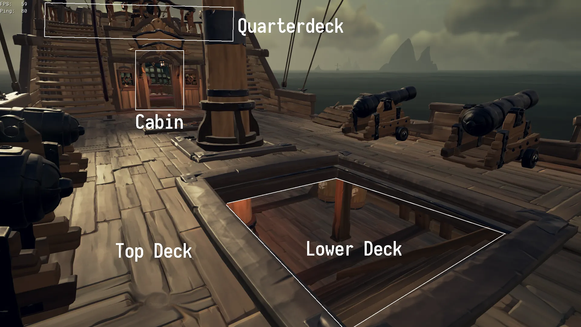 Closeup of the Top Deck of the ship. Highlighted is the Quarterdeck which you can reach up the stairs by the door to the Cabin, which itself has a door to the Gallery. There are also stairs leading down into the Lower Deck.